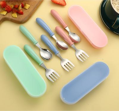 Stainless Steel Children's Spoon and Fork Set, Three-Piece Set Baby Tableware Maternity Gift Round Handle Spoon and Fork