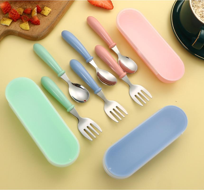 Stainless Steel Children's Spoon and Fork Set, Three-Piece Set Baby Tableware Maternity Gift Round Handle Spoon and Fork