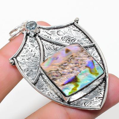 Naturalna muszla abalone, biały topaz, wisiorek ze srebra próby 925, 2,68" U4v84