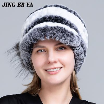 JINGERYA Inverno Coelho Pele Caps para Mulheres Pele de Raposa Floral Natural Rex Pele Chapéus Elásticos Gorros Quente Moda Senhoras Chapéu de Neve