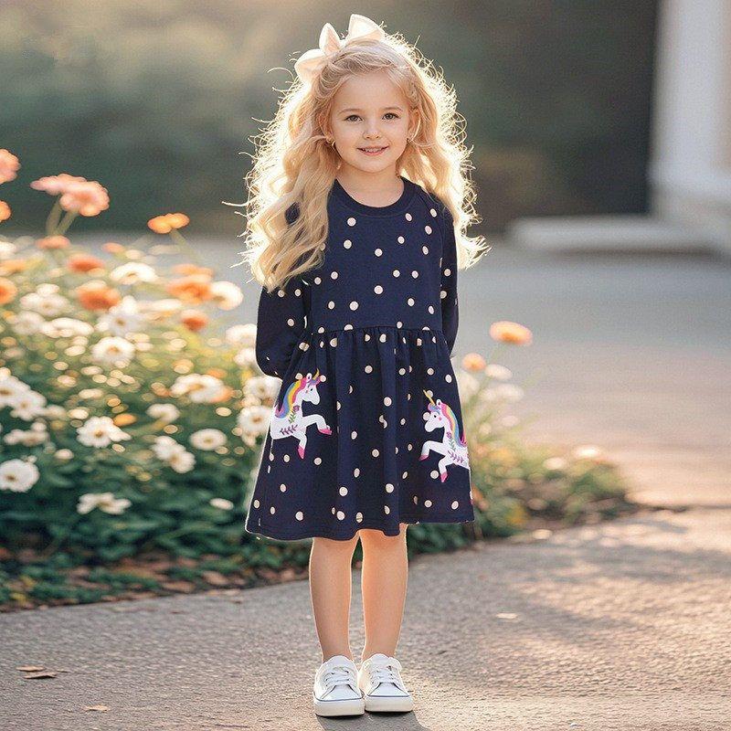 2025 Autumn New Girls Dark Blue Polka Dot Unicorn Dress Long Sleeve Children s Sweatshirt Pure Cotton Embroidered Children s Dress Dark Blue Size 5Y/120 Recommended Height 110-120cm