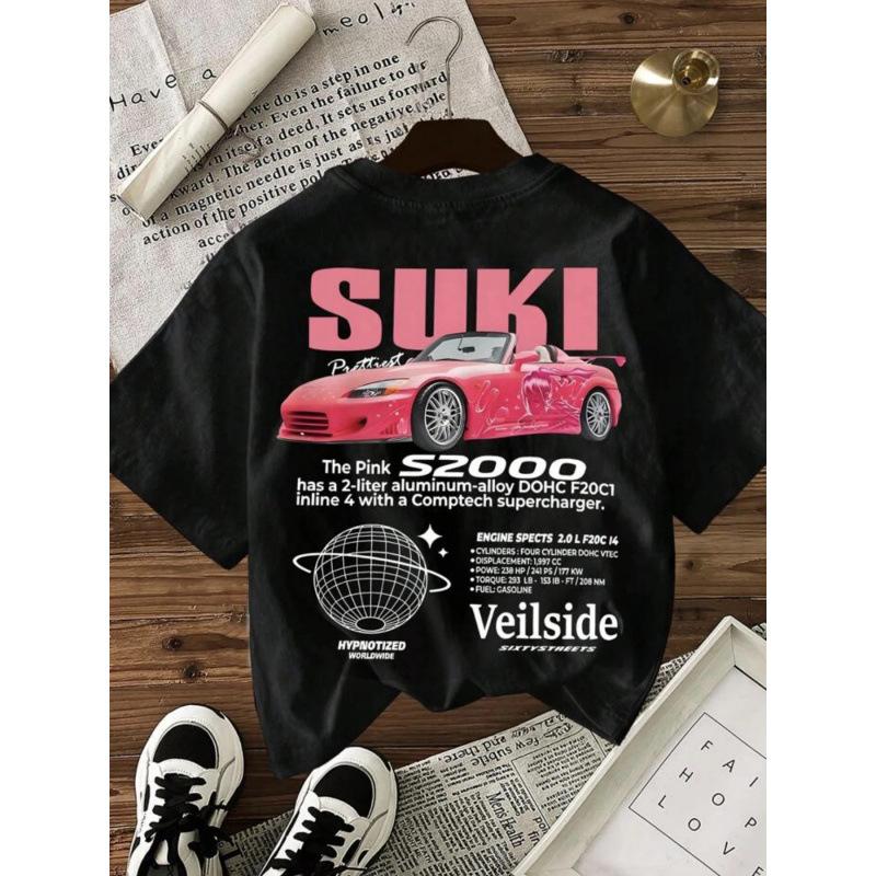 Fashion women s T-shirt Car pattern round neck womens T-shirt short slee S чёрный