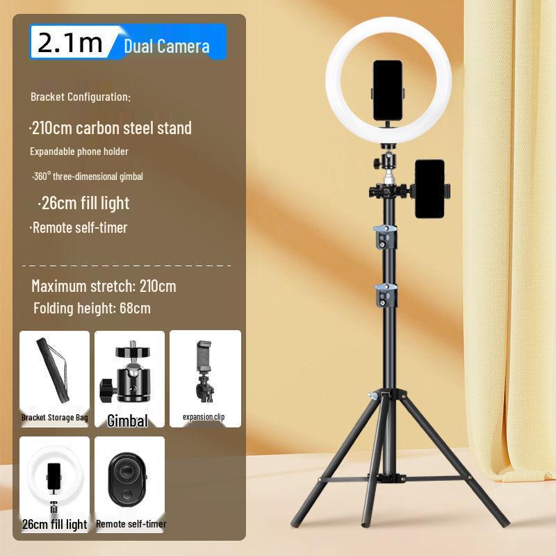 Dual Phone Streaming Stand with Multi-Camera Selfie Gadget and Fill Light for Douyin