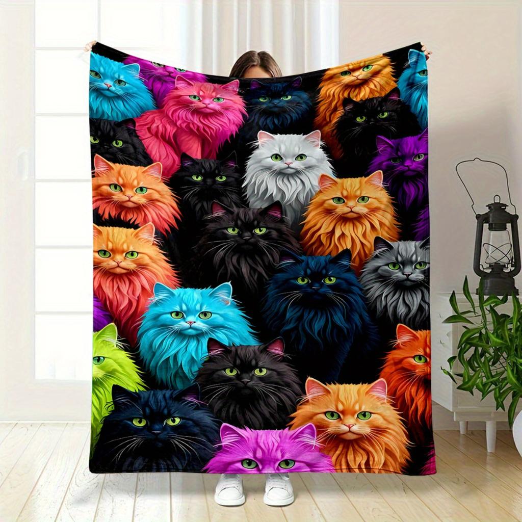 Colorful flannel blanket with a plush cat pattern suitable for sofas beds offices travel camping Christmas gifts and pres