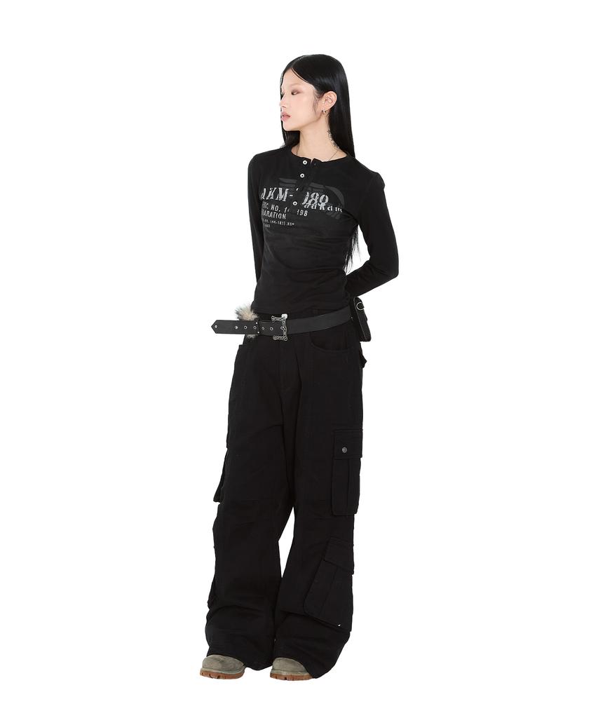 AAKAM Knee Pin-Tuck Double Pocket Cargo Pants (Black)