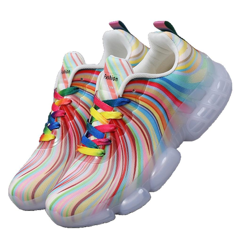 Women's Rainbow Stripe Casual Sports Shoes Summer Mesh Fashion Flat Beach and Leisure Holiday Lace-up Running Shoes for Ladies