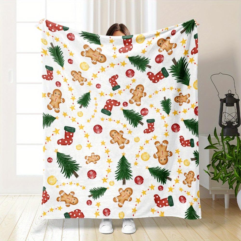 

GUOYU Blanket 1pc Marry Christmas Blanket Socks Gingerbread Man Pine Print Flannel Blanket for Home Living Room Decor New Year Christmas Gift 75x100cm (30x40inch)