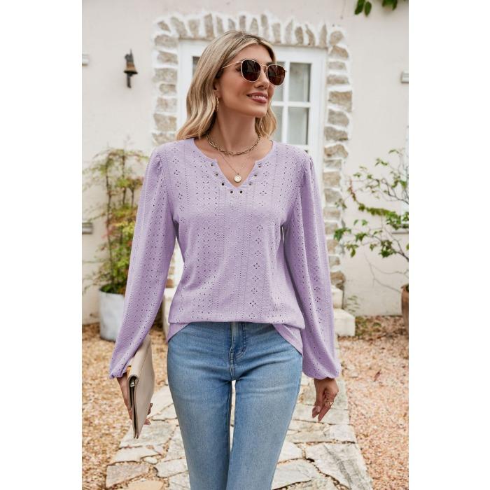 Spring and Autumn Women's Blouse Fashion V-neck Buttons Hollow Loose Long-sleeved T-shirt Tops