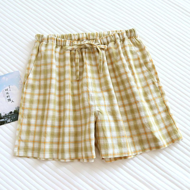 Par pyjamas sommer bomullsgasbind shorts japansk stil enkel elastisk midje uformell stor størrelse gitter hjemmebukser for menn og kvinner