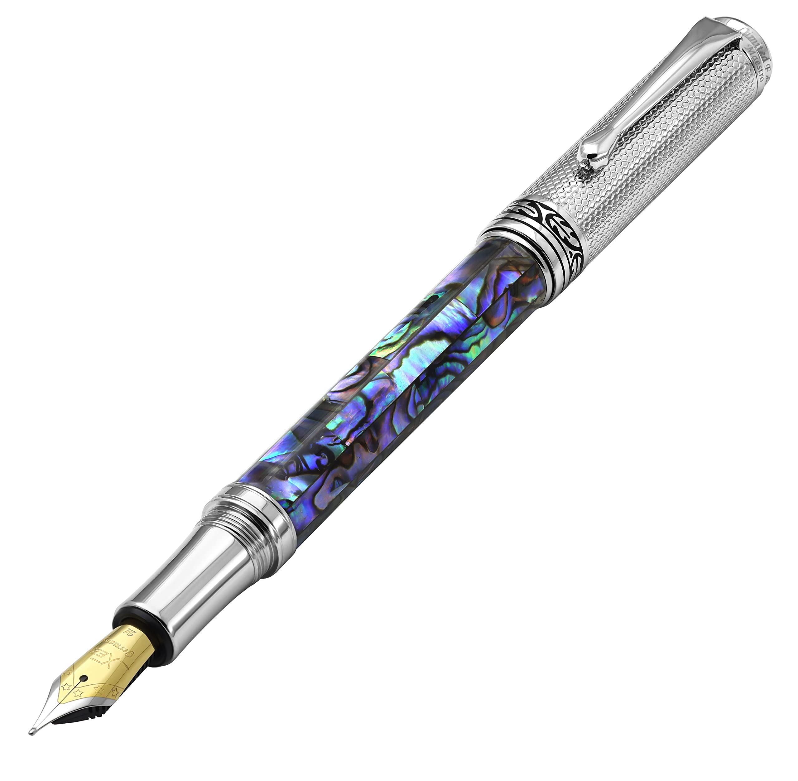 

Xezo Maestro fountain medium paua chrome limited serial numbered pen, nib, shell, plated, handmade, edition,