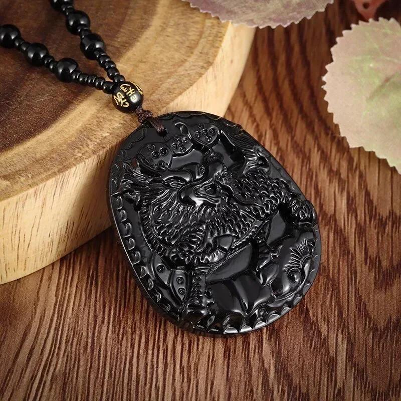 Obsidian Gossip Pendant Necklace Carving Dragon and Phoenix Shape Lucky Amulet Jewelry Six-Character Mantra Pearl Jewelry