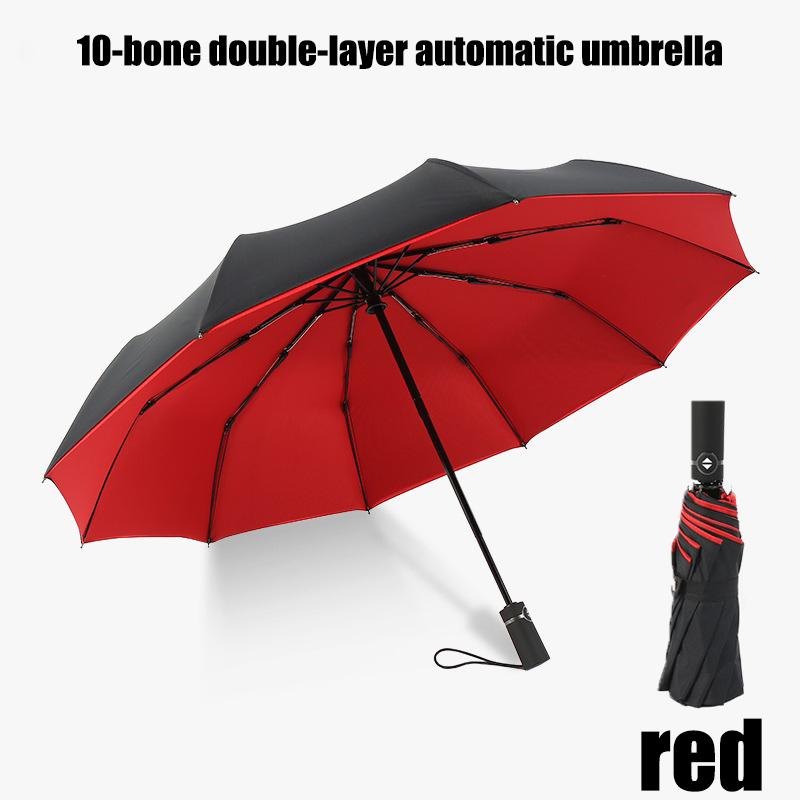 

Однотонный ветрозащитный двухслойный зонт Полностью автоматический зонт Большой размер Дождь и дождь Двойного назначения Бизнес Складной зонт 10K красный