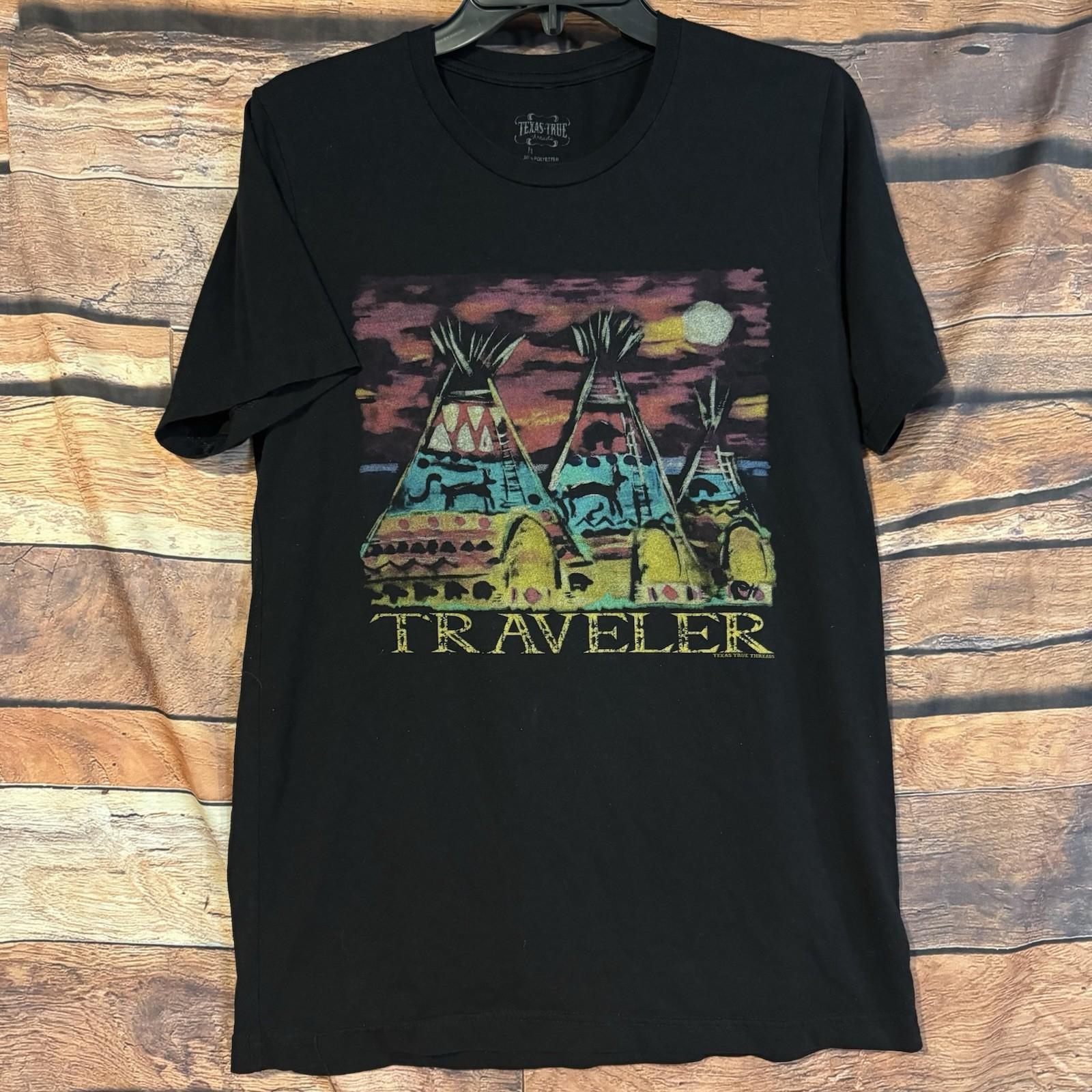 Texas True Traveler Mens Medium Black Native American Teepee Graphic Unisex T-Shirt XXXL