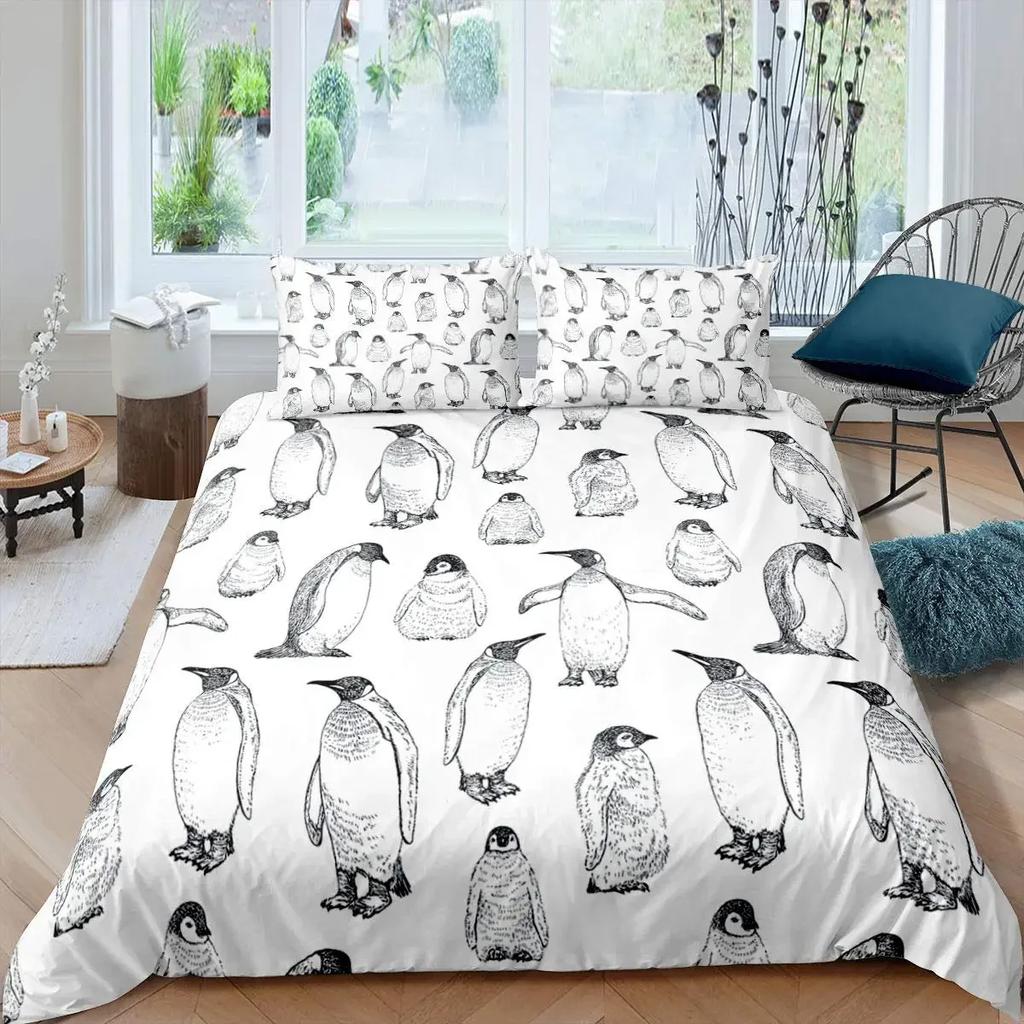 Penguin Duvet Cover Set Antarctic Animals Bedding Set for Kids Boys Girls Cartoon Style King Size Winter Theme Comforter Cover