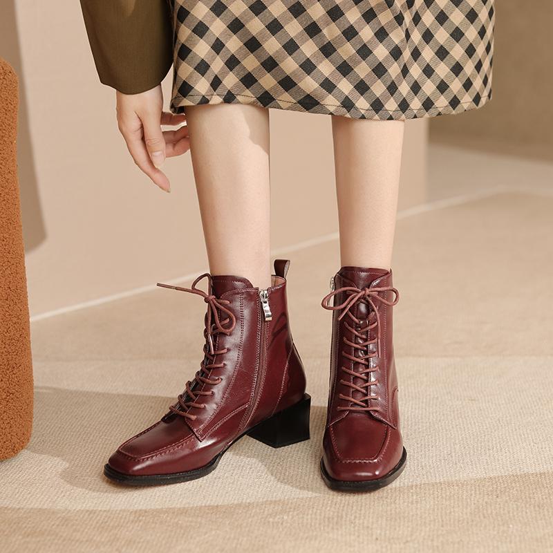Fashion 2024 New Autumn Women Boots Genuine Leather Shoes for Women Square Toe Chunky Heel Shoes Lace-up Chelsea Ankle Boots Western
