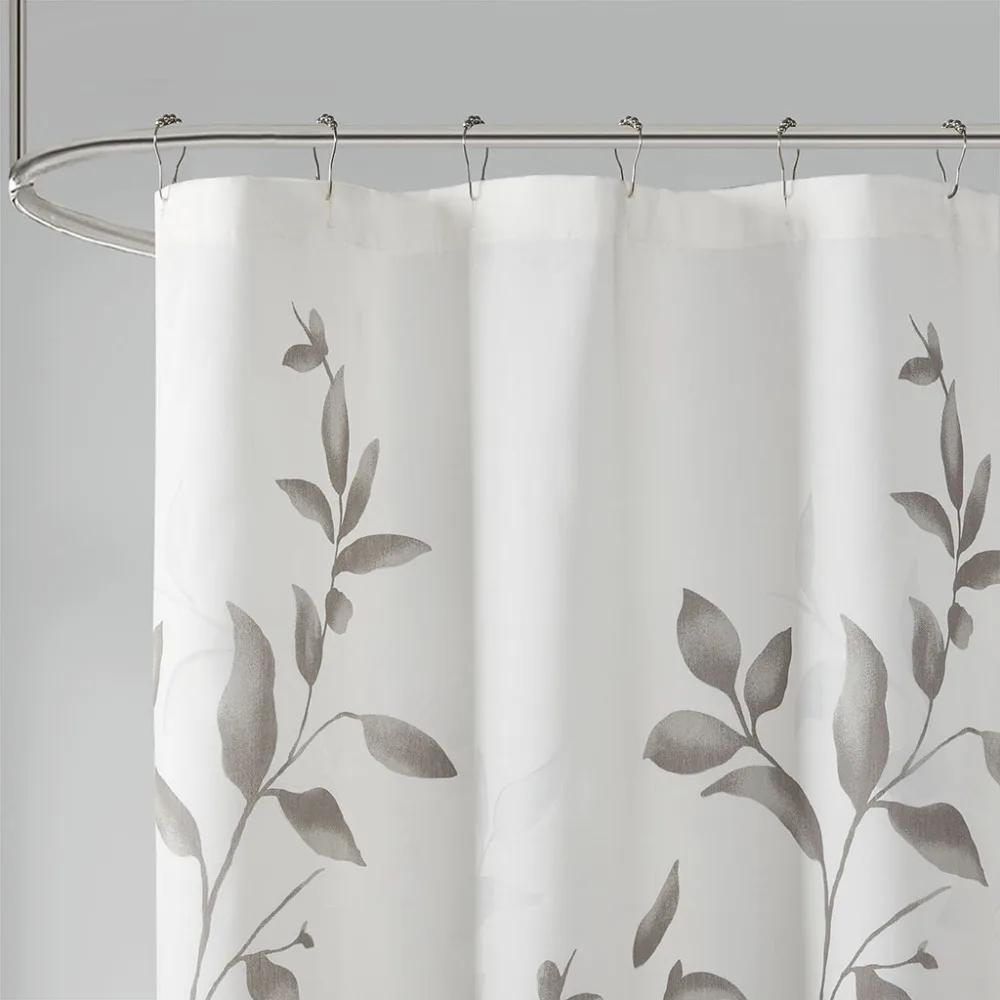 Elegant Gray Leaf Shower Curtain for a Modern Bathroom, Featuring Delicate Branches and Leaves On a Soft White Background