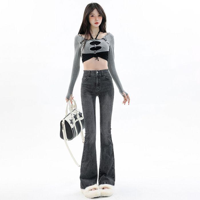 Women s High Waist Smoke Gray Retro Flared Jeans - Spring & Autumn S