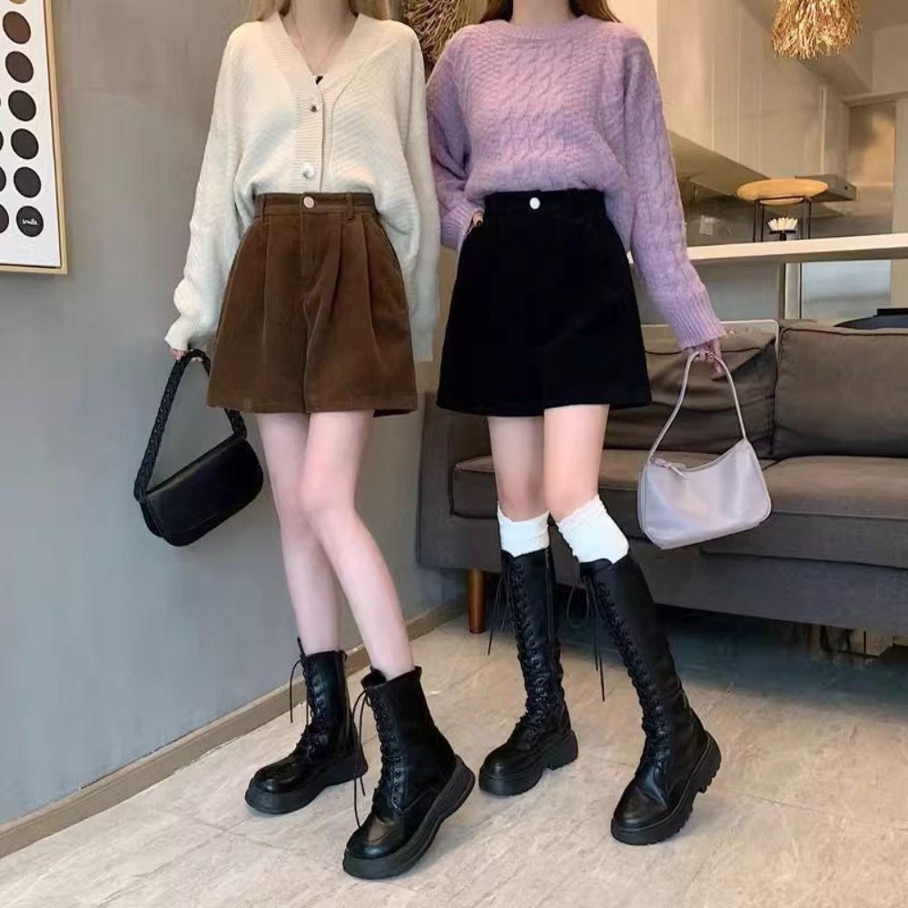 Elastic Women Corduroy Shorts High Waist Loose Streetwear Casual Wide Leg Short Pants  Girl