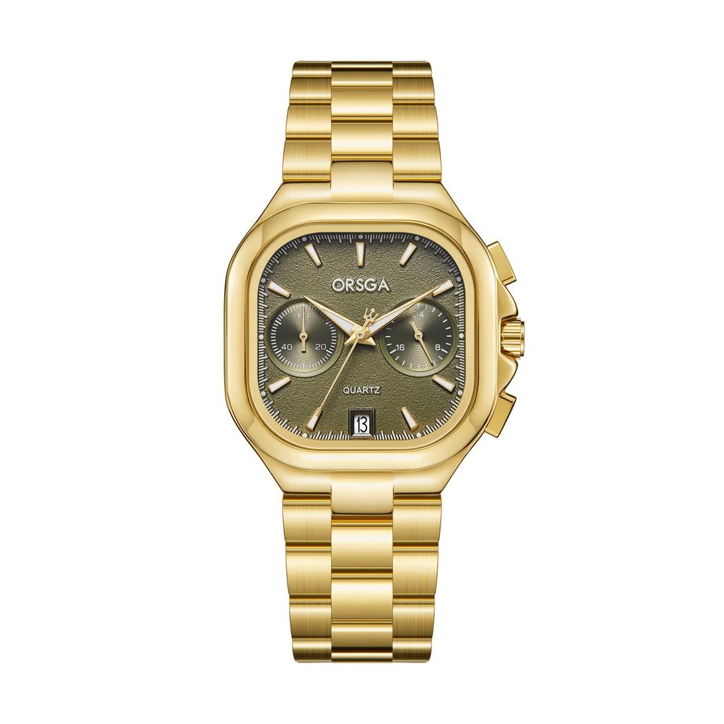 Women's S Elegant Dress Watch with Golden Stainless Steel Band Square Green Dial Waterproof Quartz Wristwatch with Luminous Hand