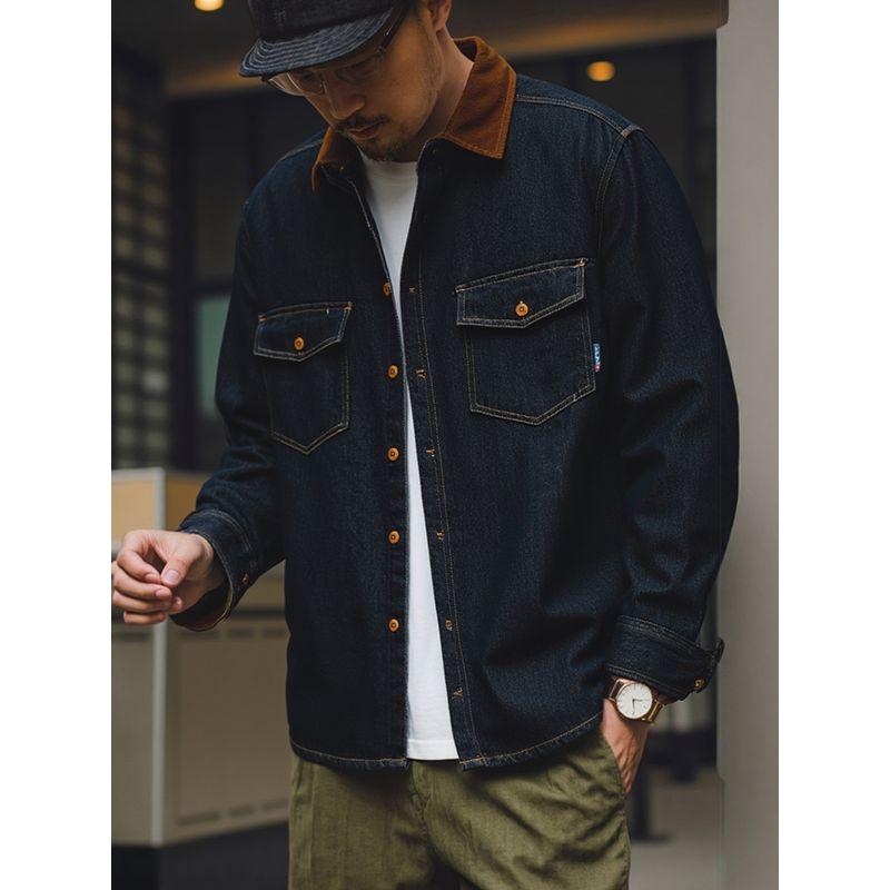 American Retro Amekaji Heavy-Duty Denim Work Shirt for Men, Spring and Autumn Hunting Jacket, Foreign Trade Men's Shirt