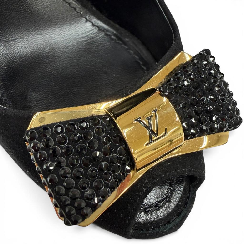Great LOUIS VUITTON pumps LV Metal Ribbon Rhinestone Suede Leather black 35.5 Used