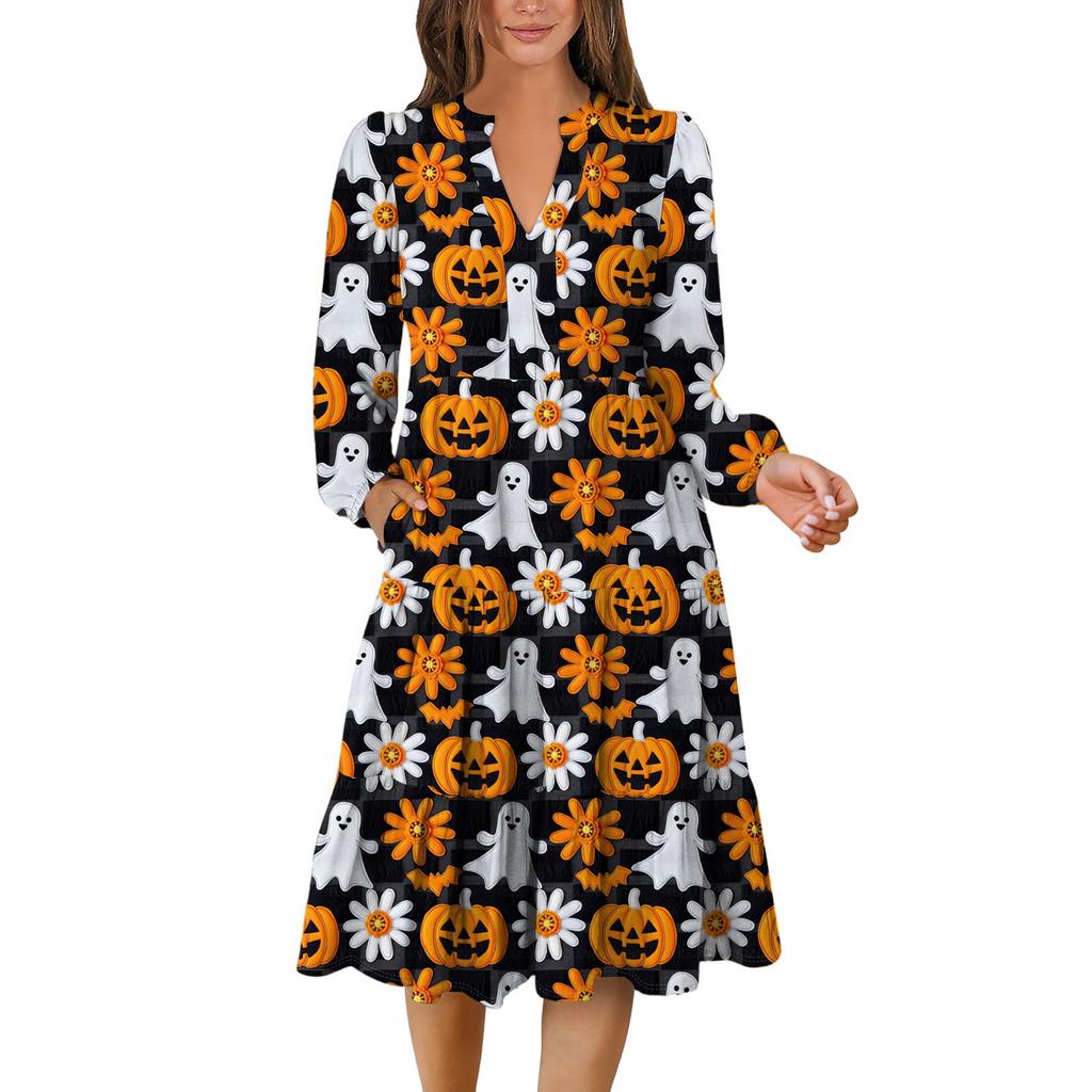 Women's V-Neck Flowing Layered Bohemian Long Sleeve Halloween Print Dress