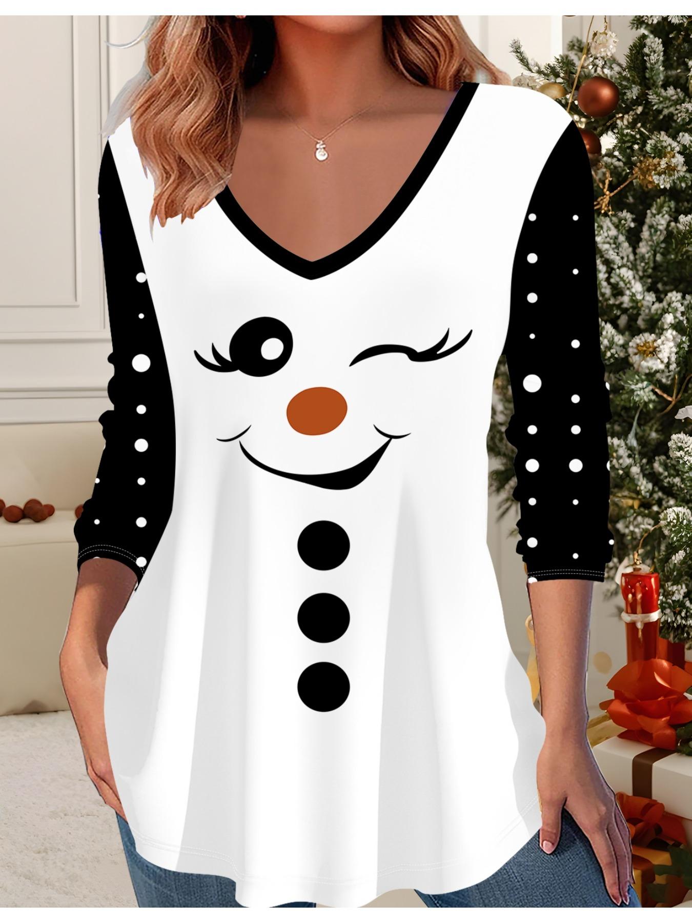 

3D Рождественская Принтованная Модная Повседневная Женская Футболка с V-образным вырезом и длинным рукавом - Одежда для новогодней вечеринки, Праздничный подарок 6XL