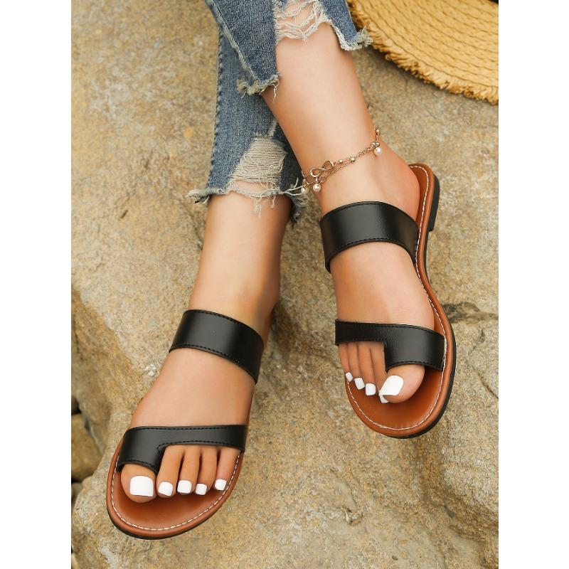 Large Size Slippers Women Summer Solid Color Round Head Set Toe Outer Wear Casual Flat Sandal Mop