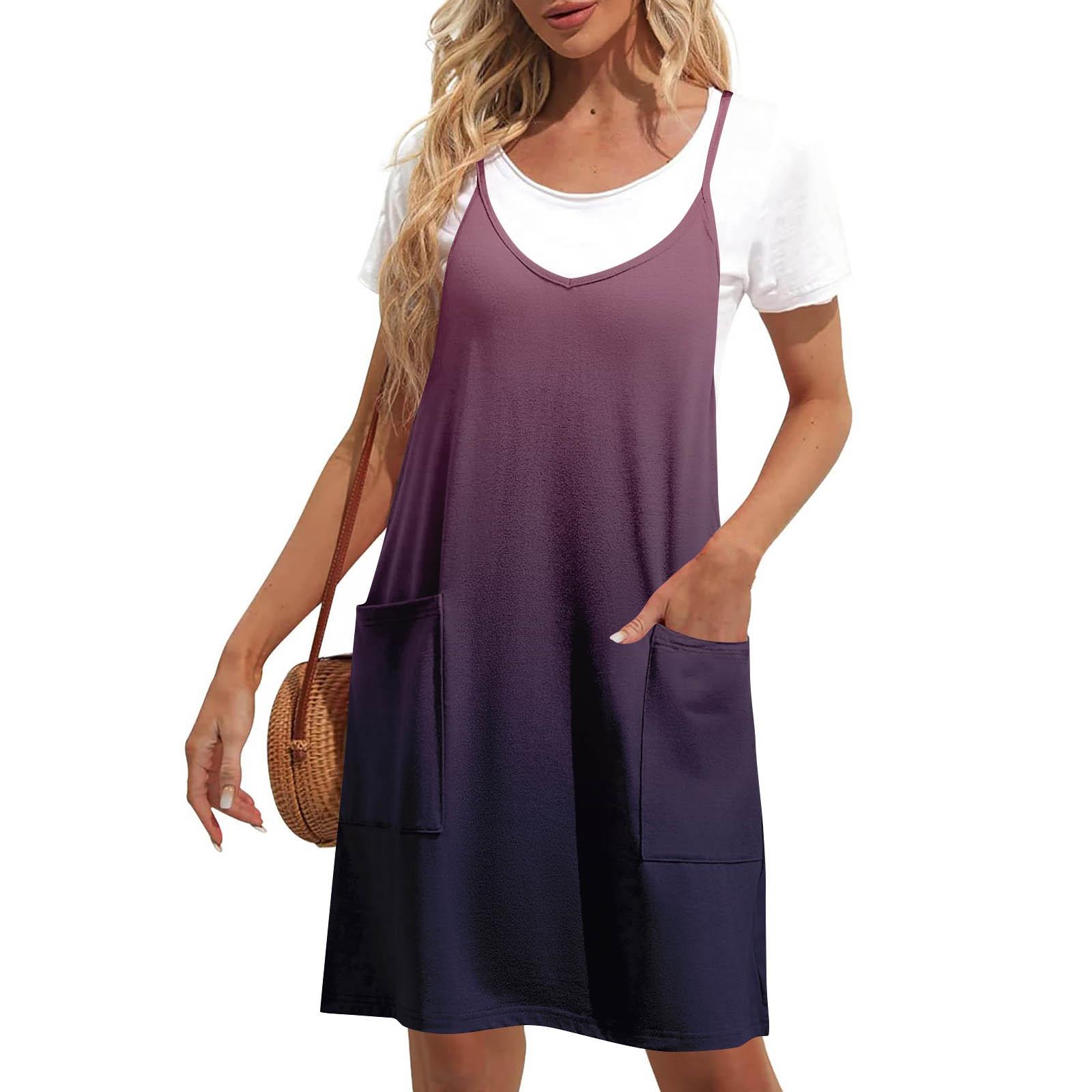 

Женские летние платья Свободные сарафаны без рукавов с V-образным вырезом Платье с карманами XL фиолетовый