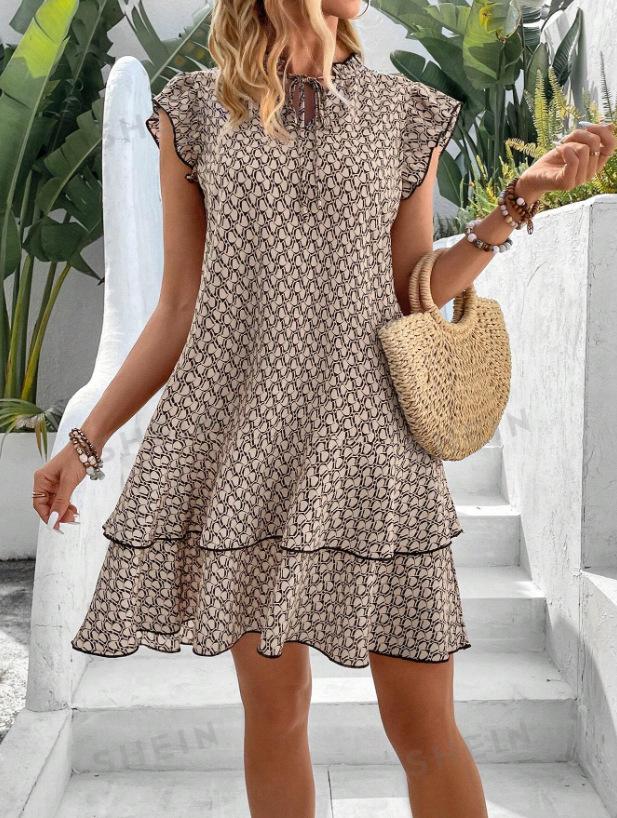 Bohemian Print V-Neck Flying Sleeve Dress L верблюд