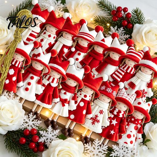 Winter Holiday Party Favors Red And White Doll Hanging Pendants for Christmas Tree, Decorative Wooden Girls Unique Tree Ornament, Seasonal Ornaments