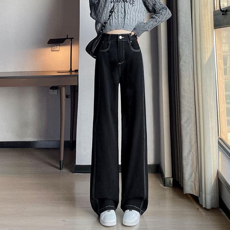 

Women s Dark Blue High-Waisted Plush Wide-Leg Pants - Autumn/Winter Fleece, Straight, Loose Fit (Style 66228) Large