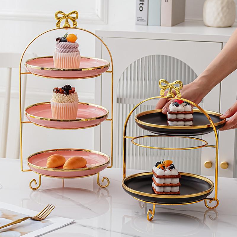 Golden Edged Double-layer Ceramic Tray, Cake Rack, Snack, Fruit Tray, Afternoon Tea Dessert Display Stand, Metal Bow Bracket