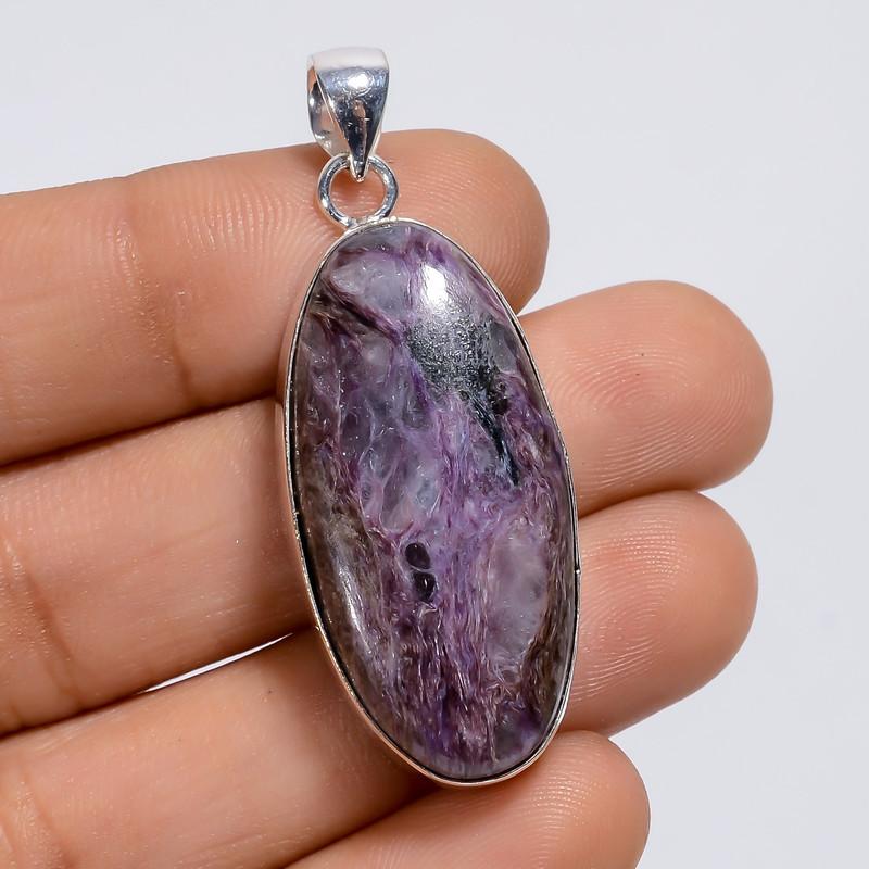 

Outstanding Top Grade Qualite 100% Natural Charoite Oval Shape Ethnic Style Handmade Jewelry 925 Steling Silver Plated Pendant 1.7 WSJ-5004 1.7