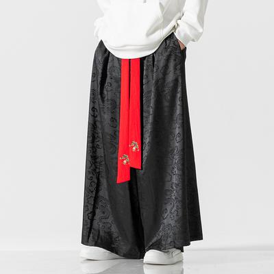 2025 Men Chinese Style Loose Wide Leg Pants Summer Casual Black Skirt Pants Fashion Baggy Flared Pants Men Print Japanese Harajuku Pants