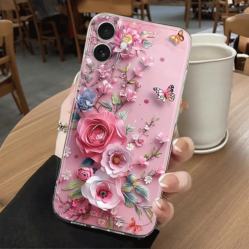 Pink Floral Butterfly Phone Case Suitable for iPhone 17 16 15 14 13 12 11 Pro/Max/Plus Anti Drop and Shockproof Back Cover