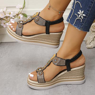 Kristallperlen-Dekor Damen Keilsandalen Böhmischer Stil Perlenbesetzte Plateausandalen für Damen Sommer 2025 Dicke Sohle Strandschuhe