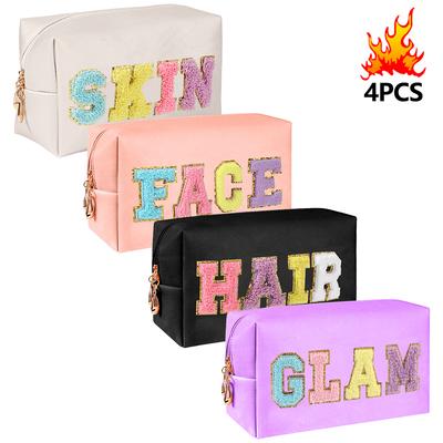 Chenille Letter Cosmetic Bag Pu Leather Waterproof Pouch Cute Zipper Organizer Skin Hair Face And GlamZmt
