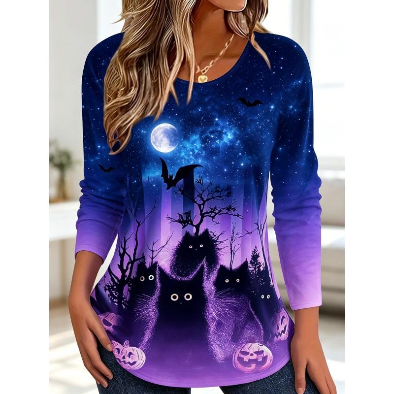 Women's Long Sleeve Crew Neck Halloween Black Cat Print Casual T-Shirt, Regular Tops for Spring Summer Daily Weekend Wear