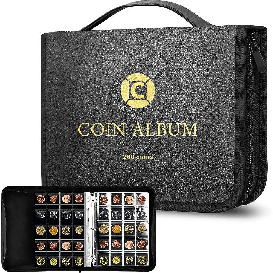 Coin Collection Book Holder for Collectors, 260 Pockets Coins Collecting Album with Zipper and Handle. Coin Display Storage  bag