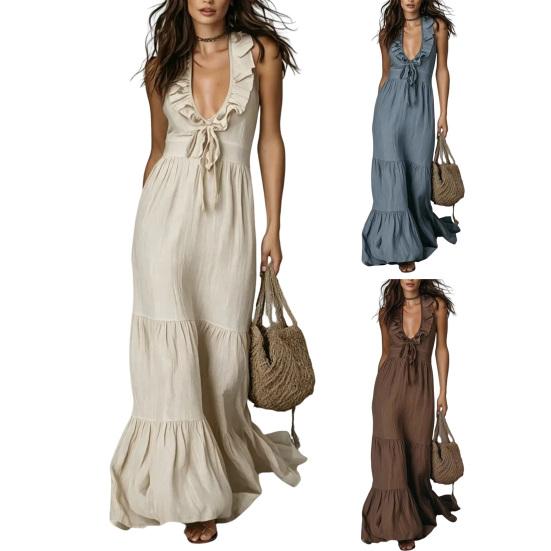 Women's Ruffle Deep V Neck Maxi Dress, Sleeveless Tiered Ruffle A-line Long Dress, Summer Beach Vacation Sundress