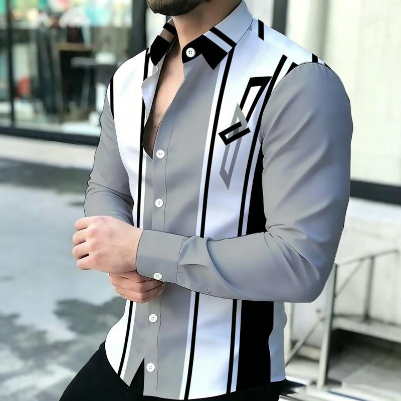 Men's Shirt with Contrasting Striped Print, Slim Fit Collar, Long Sleeved Business Casual Shirt, Available In Multiple Colors