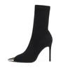 2026 Autumn and Winter Black Short Boots Women's Thin Heels Pointed High Heels Metal Head Elastic Thin Boots One Pedal Mid-Calf