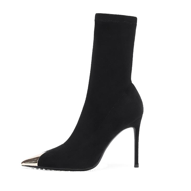 2026 Autumn and Winter Black Short Boots Women's Thin Heels Pointed High Heels Metal Head Elastic Thin Boots One Pedal Mid-Calf