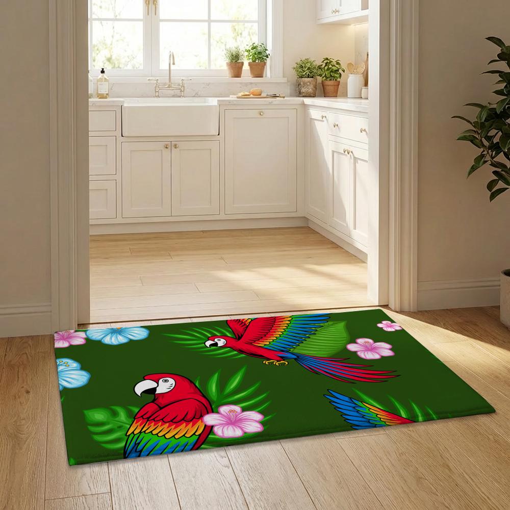 Tropical Parrots Flowers Palm Leaves Floor Mat Flannel Door Mat Non-Slip Bedroom Living Room Home Decor
