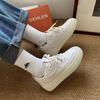 Summer New Leather Soft Bottom Colorblock Board Shoes Women's round Head Lace up Casual Sports White Shoes Wholesale