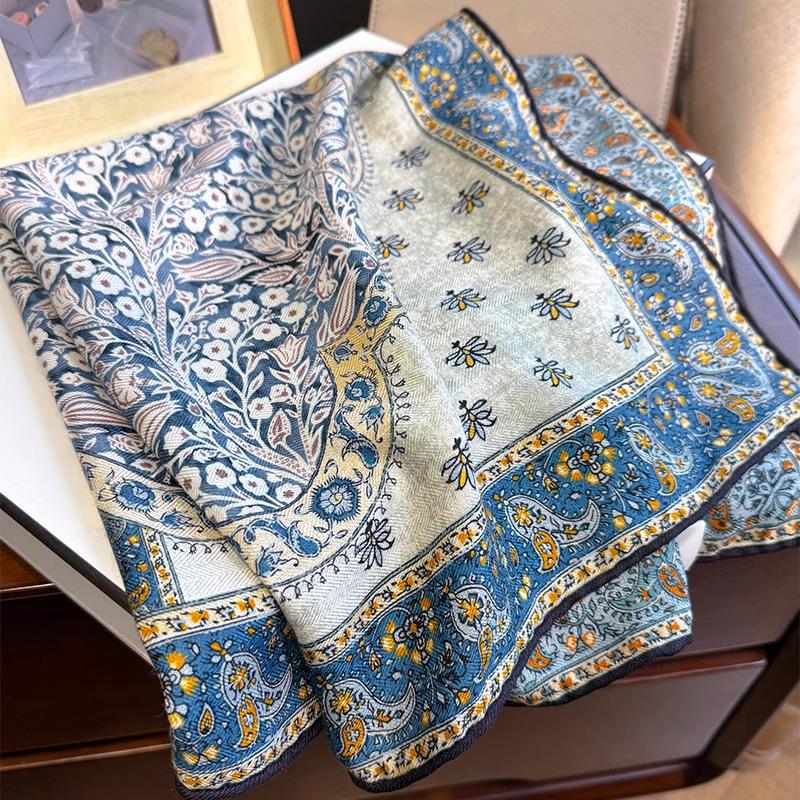 Mulberry silk wool 65 silk wool blended garden party square scarf women s spring summer double-sided heterochrome light luxury silk scarf Standard
