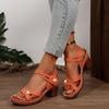 Classic Plastic Pearls Cross Tie Shoes Women Vintage Orange Backstrap Sandals Women 2025 Summer Square High Heels Shoes Women