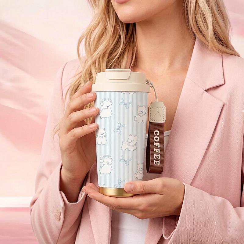 Coffee Mug 532ml Puppy Bow Element Lanyard Insulated Cup Car Cup Stainless Insulated Cup Gift Cup Commute Coffee Cup Coffee Mug 532ml
