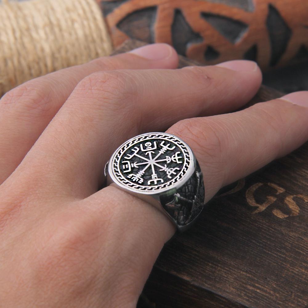 Viking Axe Ring Stainless Steel Odins Rune Signet Celtic Knot Biker Jewelry for Men with Wooden Box Gift
